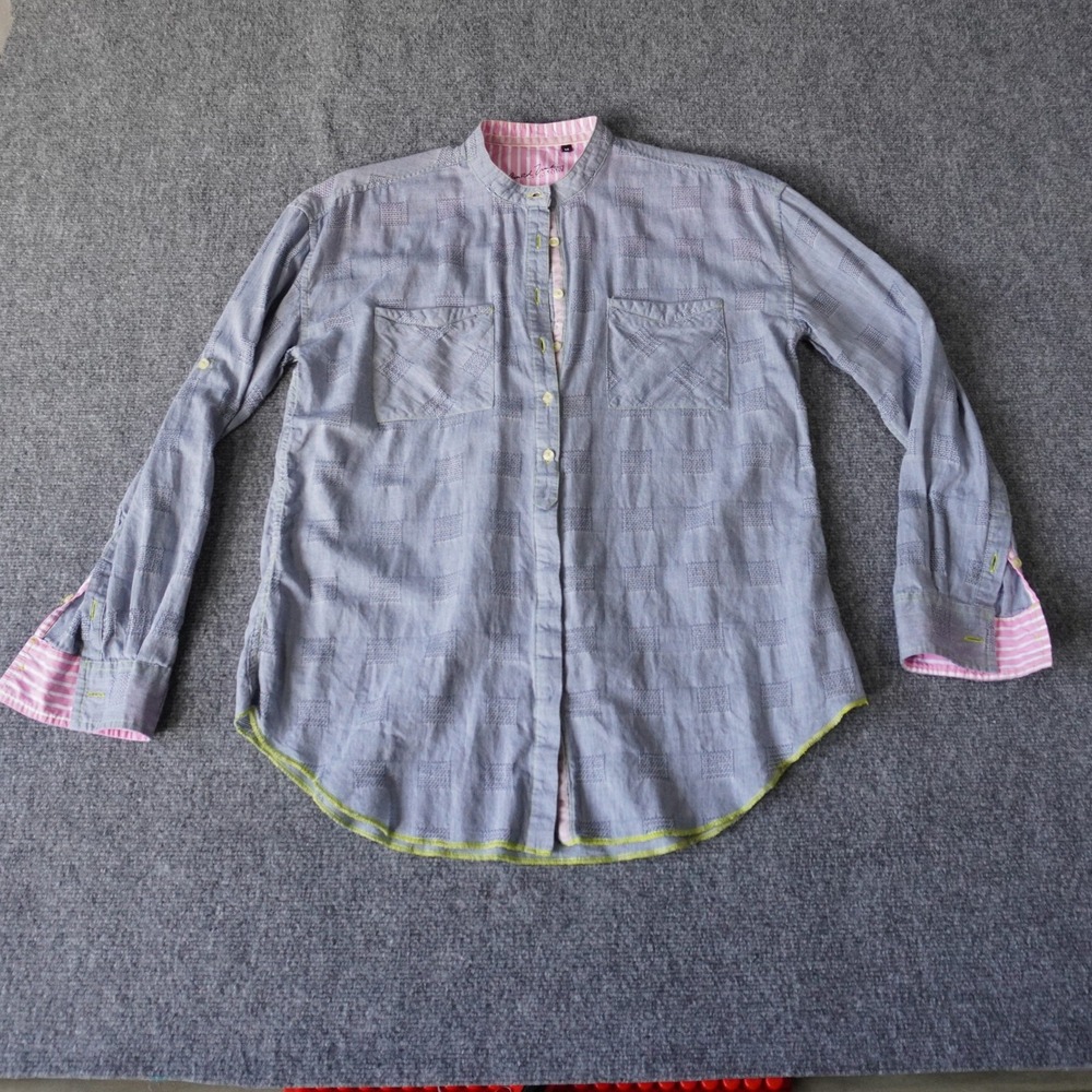 Arnold Zimberg Band Collar Shirt Blouse Top Blue Patterned M Medium‎